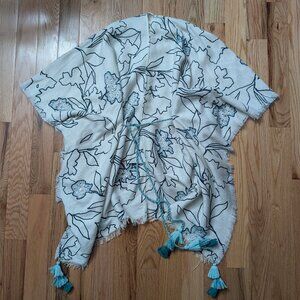 Anthropologie Ruana Wrap Poncho Teal Aqua Beaded Sequins Tassels Boho Floral